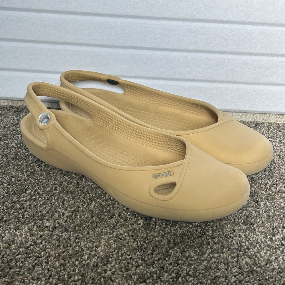 Crocs Olivia Slingback Ballet Flats Womens 8 Tan/Gold Jeweled Comfort Shoes
